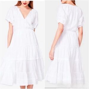 Betsey Johnson Tiered Maxi White Multicolor Speckled Dress Puff Sleeves, size XS